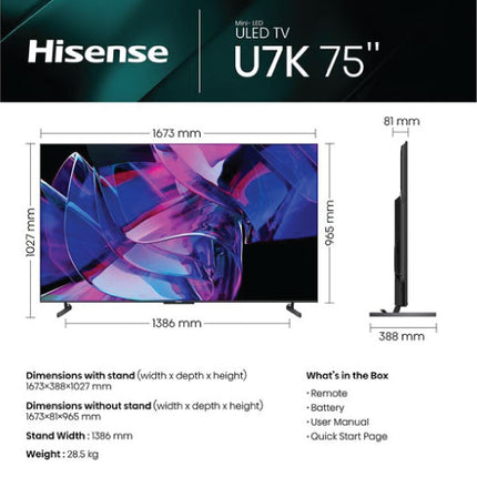 Hisense 75 Inch Smart 144Hz 4K Ultra HD HDR Mini-LED TV 75U7KQTUK